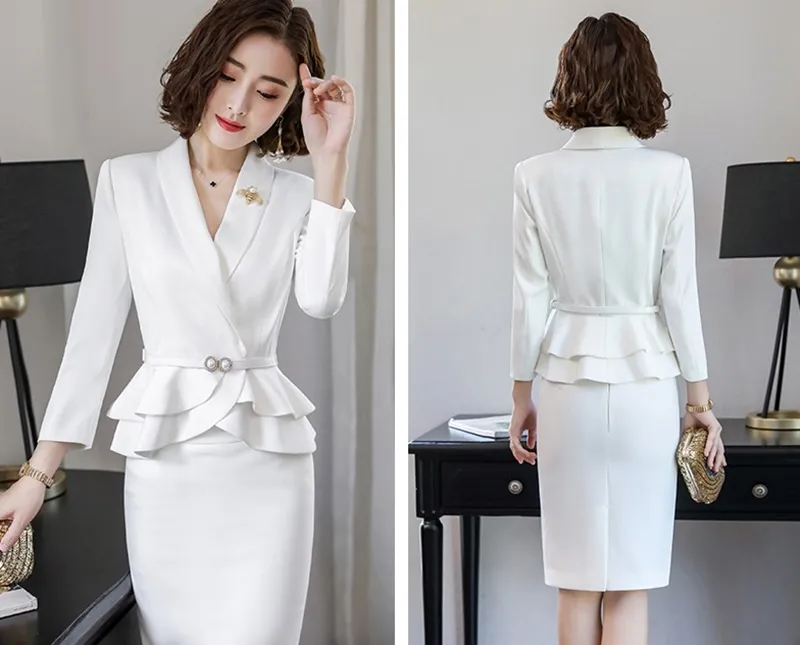 Interview suits female ladies elegant white blazer skirt suit female women 2019 office uniform designs business suit AA4231