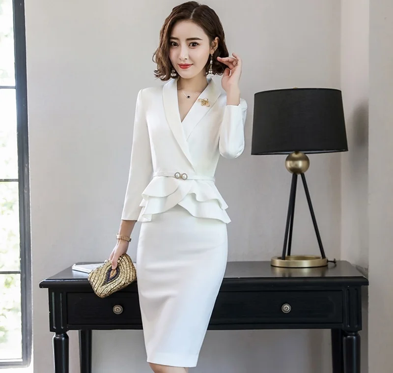 Interview suits female ladies elegant white blazer skirt suit female women 2019 office uniform designs business suit AA4231