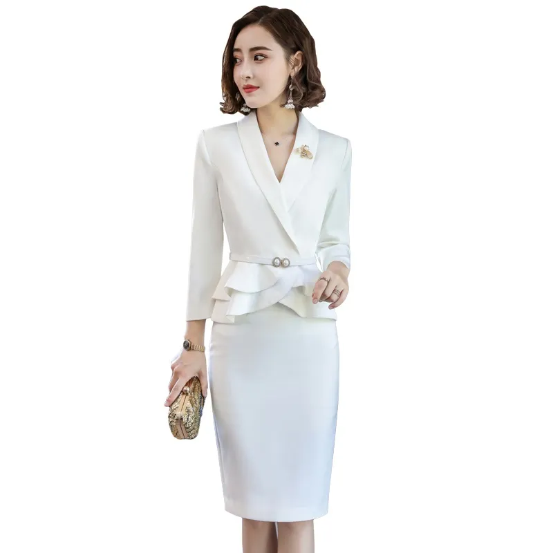 Interview suits female ladies elegant white blazer skirt suit female women 2019 office uniform designs business suit AA4231