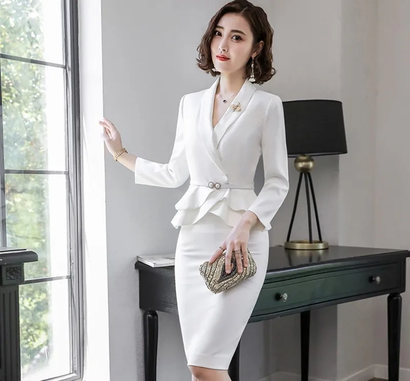 Interview suits female ladies elegant white blazer skirt suit female women 2019 office uniform designs business suit AA4231