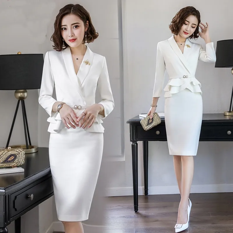 Interview suits female ladies elegant white blazer skirt suit female women 2019 office uniform designs business suit AA4231