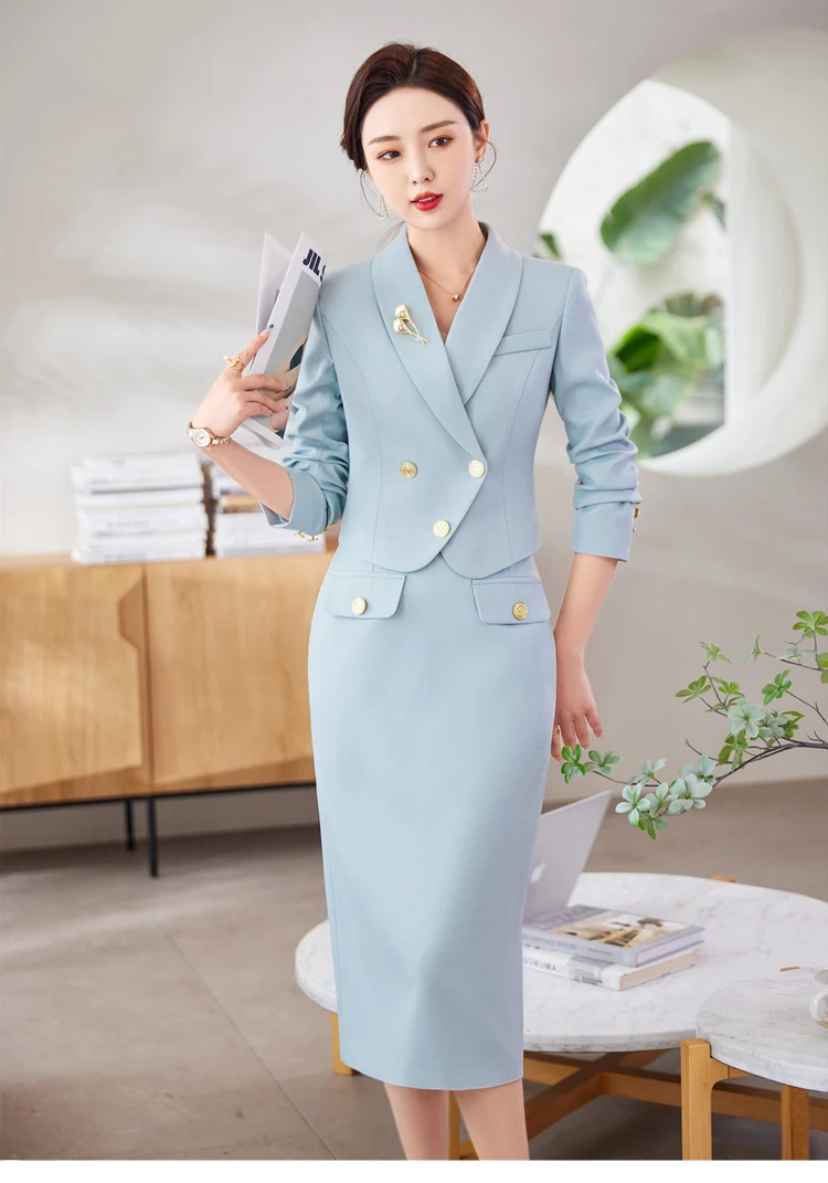 Luxury Women 2 Piece Set White Blue Black Long Sleeve Blazer+Midi Skirt Office Ladies Work Wear Female Formal Skirt Suit Sets