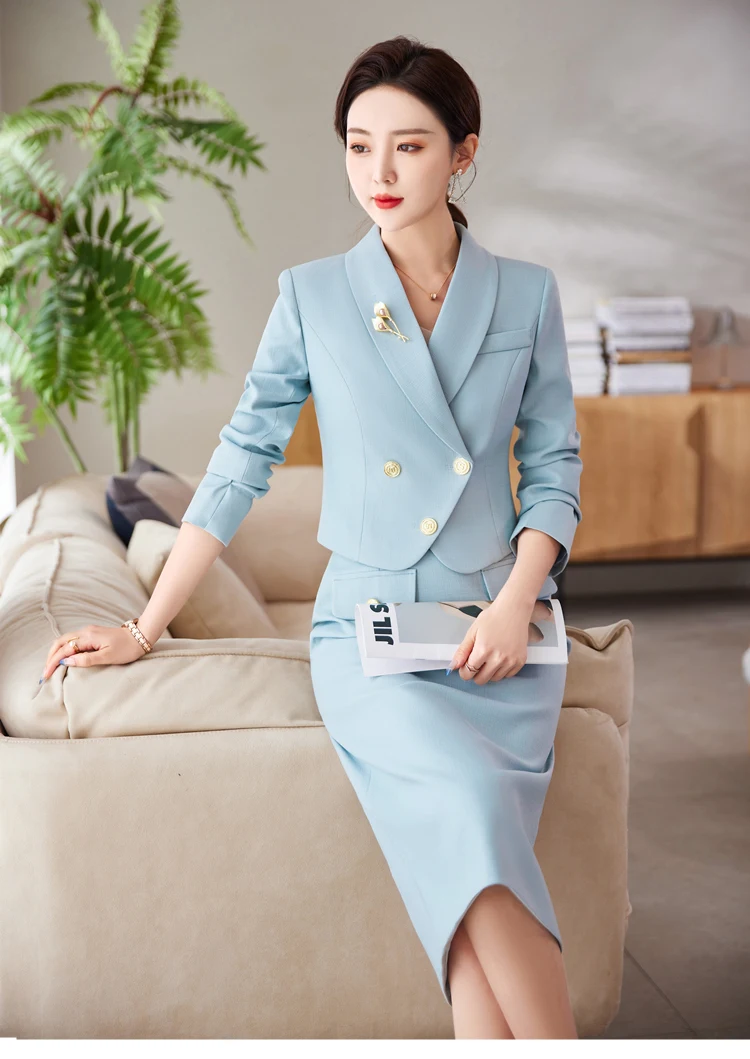 Luxury Women 2 Piece Set White Blue Black Long Sleeve Blazer+Midi Skirt Office Ladies Work Wear Female Formal Skirt Suit Sets