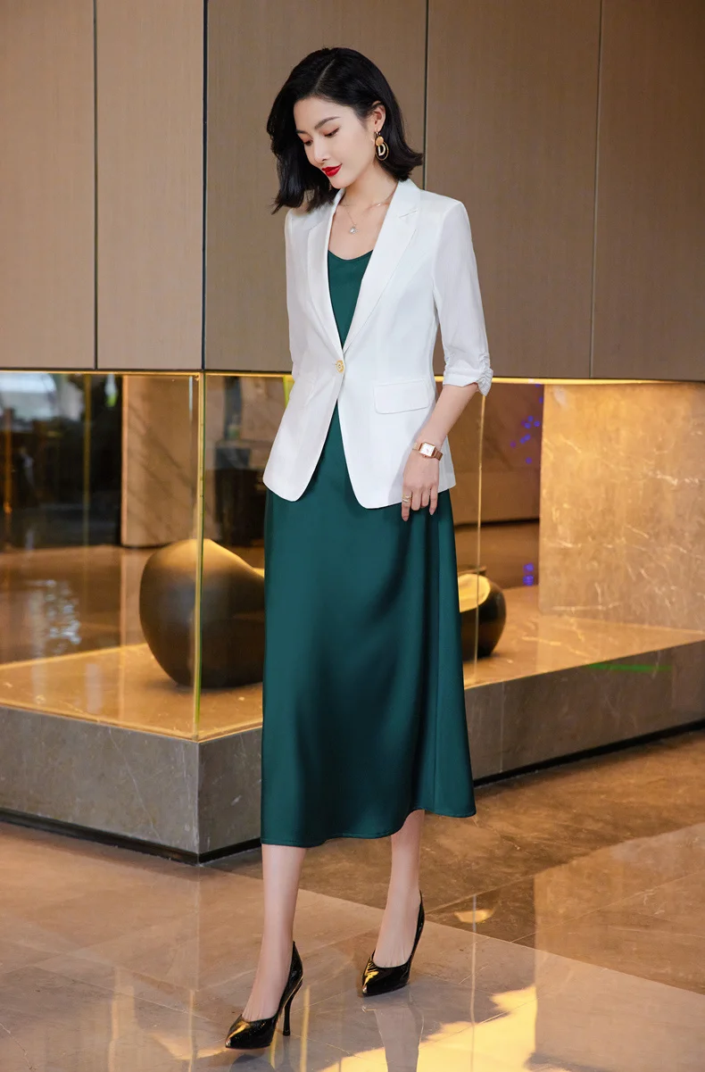 Korean Spring Summer Dress Suits Women Fashion Two Piece Set Outfits Blazer Top Office Ladies Formal OL Work Professional Wear