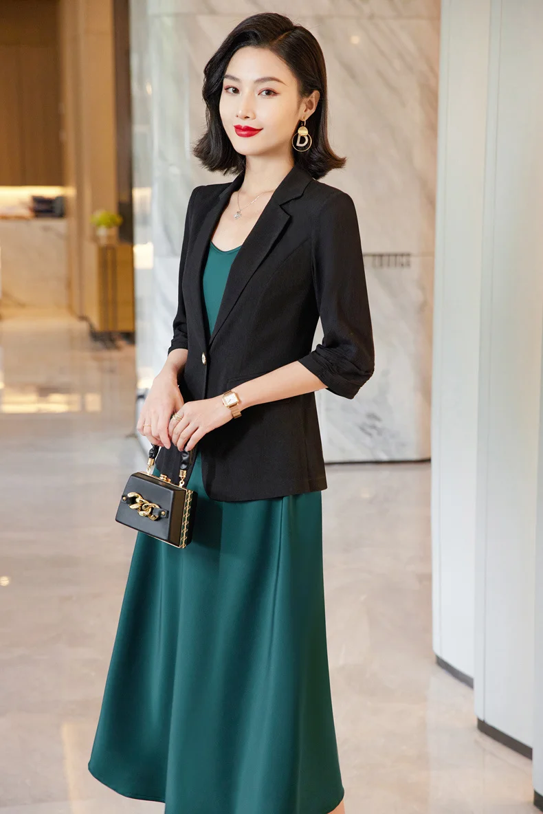 Korean Spring Summer Dress Suits Women Fashion Two Piece Set Outfits Blazer Top Office Ladies Formal OL Work Professional Wear