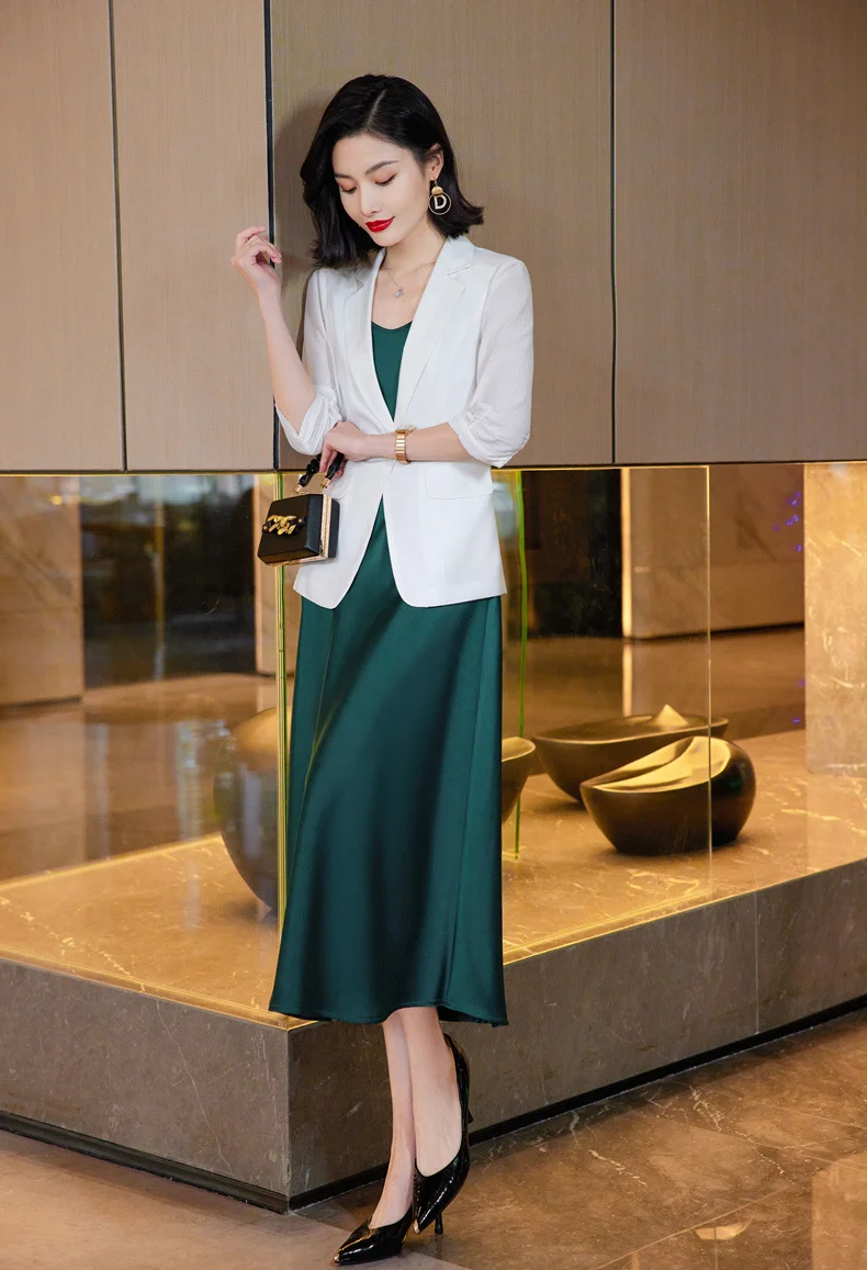 Korean Spring Summer Dress Suits Women Fashion Two Piece Set Outfits Blazer Top Office Ladies Formal OL Work Professional Wear