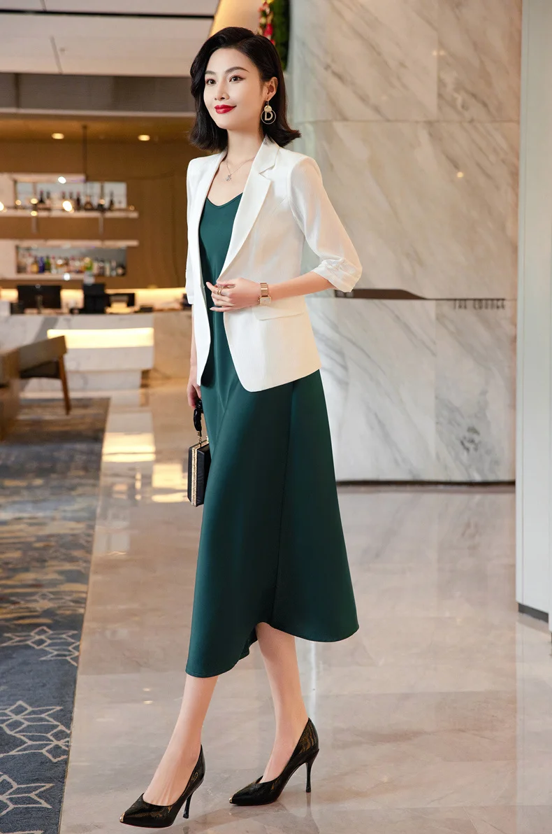 Korean Spring Summer Dress Suits Women Fashion Two Piece Set Outfits Blazer Top Office Ladies Formal OL Work Professional Wear