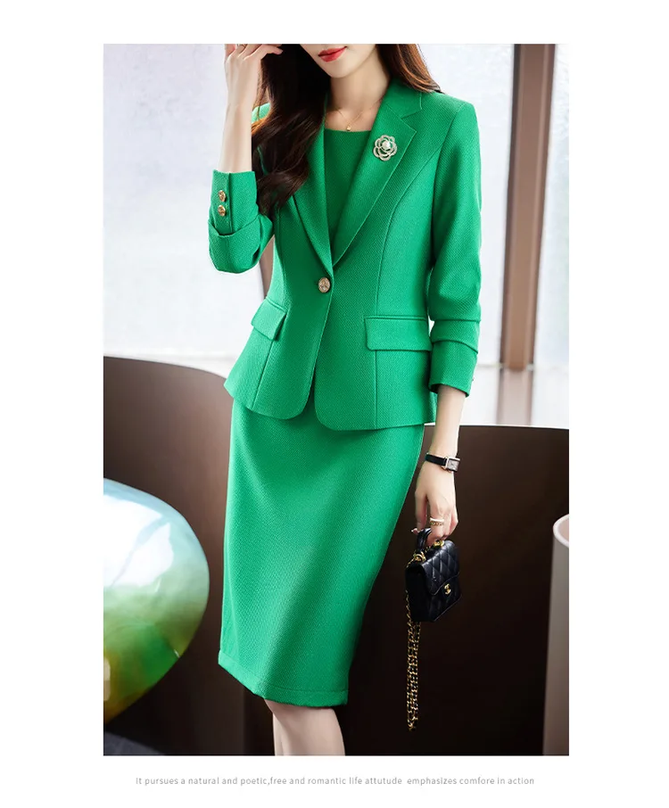 Chic Women Dresses Set 2023 Green Purple Black Casual Blazer Jacket + Dress Suit Office Lady Work Business Formal 2 Pieces Set