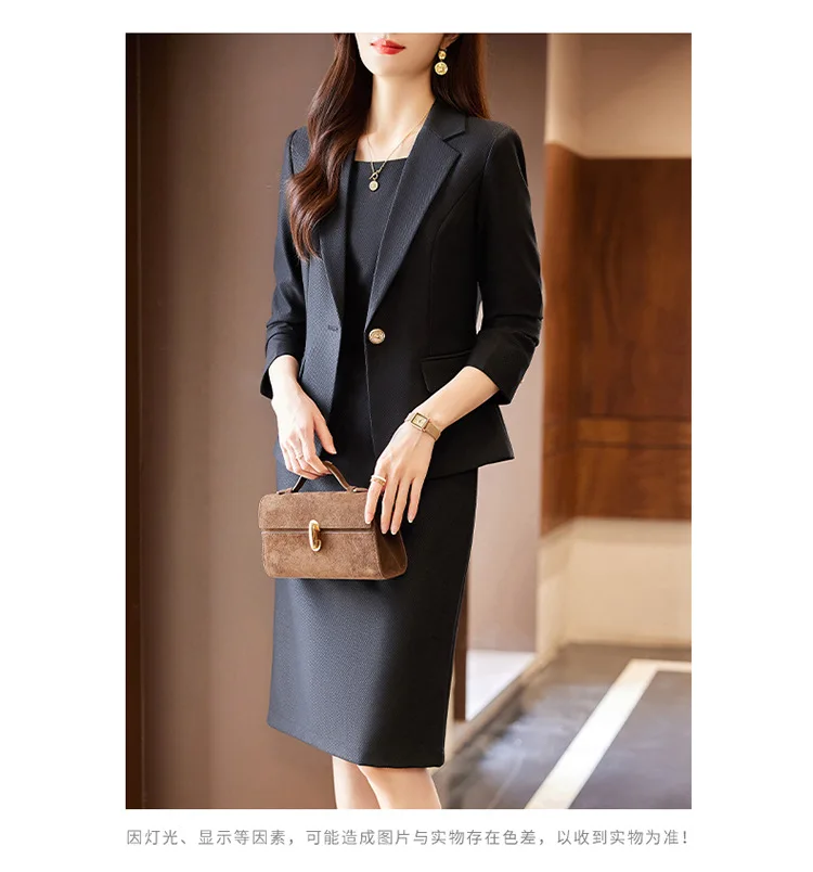 Chic Women Dresses Set 2023 Green Purple Black Casual Blazer Jacket + Dress Suit Office Lady Work Business Formal 2 Pieces Set