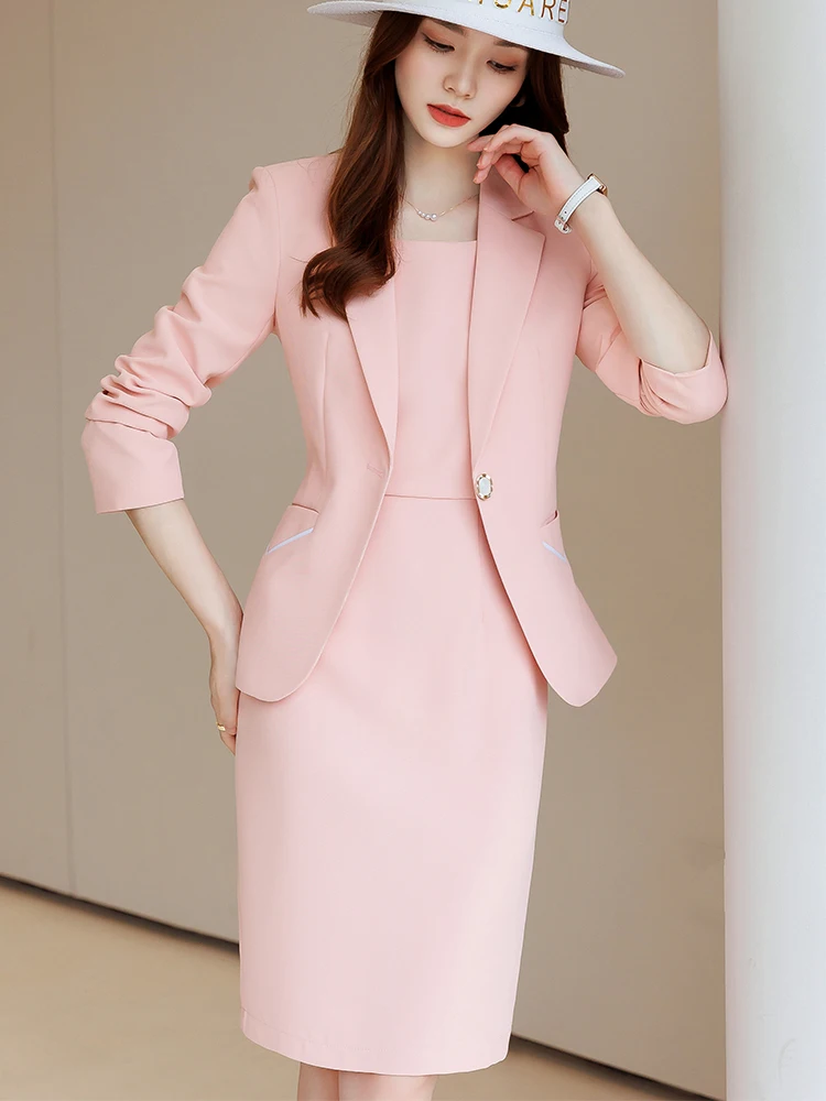 Spring Autumn Office Ladies Skirt Suit Blazer Blue Beige Black Pink Women Business Work Wear Solid Formal Two Piece Set