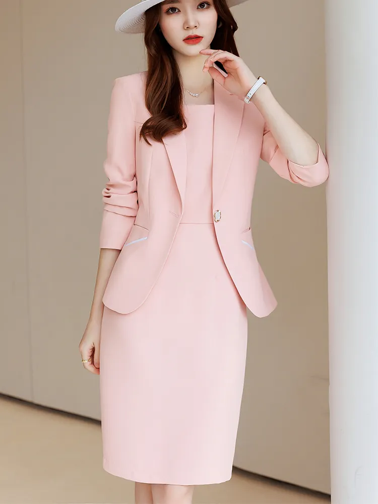 Spring Autumn Office Ladies Skirt Suit Blazer Blue Beige Black Pink Women Business Work Wear Solid Formal Two Piece Set