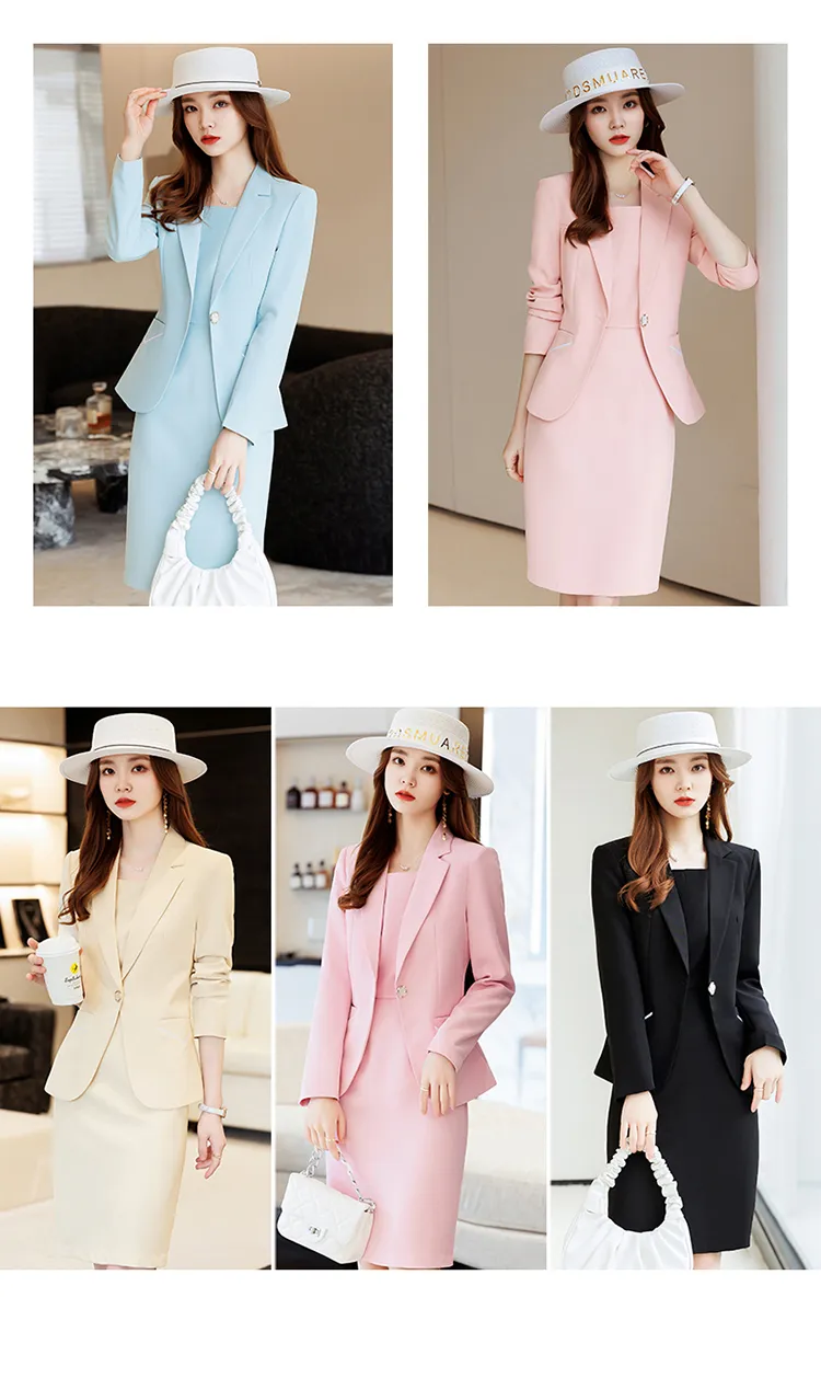 Spring Autumn Office Ladies Skirt Suit Blazer Blue Beige Black Pink Women Business Work Wear Solid Formal Two Piece Set