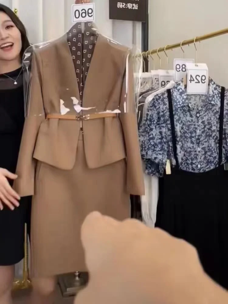 Autumn New Elegant Short Blazer Jacket Peplum Midi Skirt Fashion 2 Piece Set for Women Office Lady Girls High Quality
