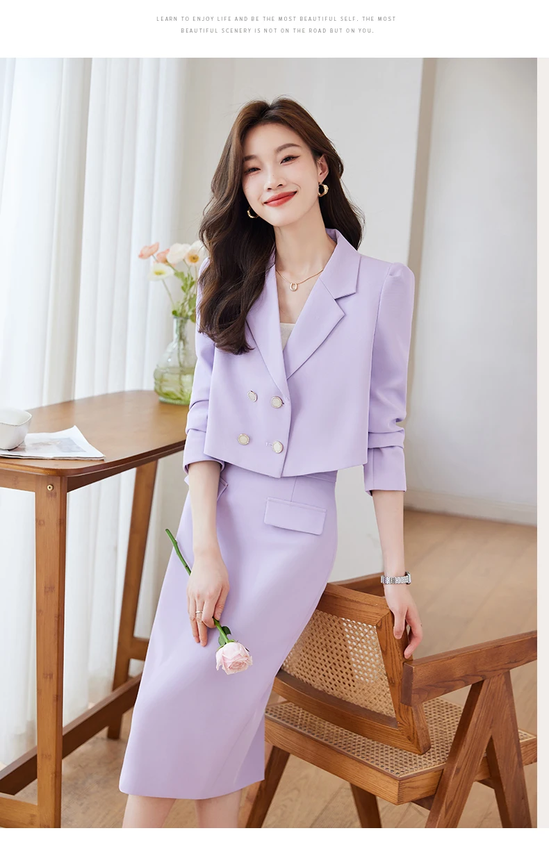 Korea Fashion Solid Elegant Double Breasted Suit Short Jacket + High Waist Slim Midi Skirt Womens Blazer Two Piece Sets Autumn