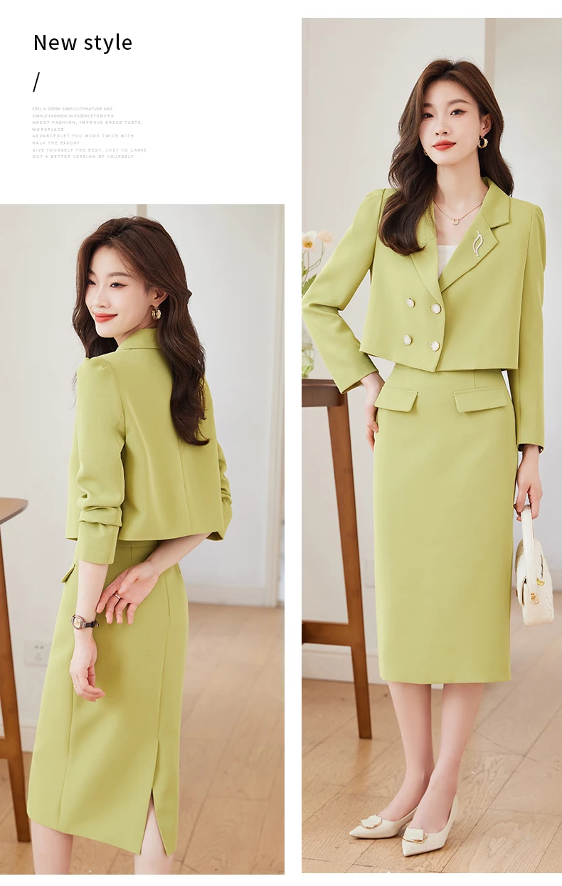 Korea Fashion Solid Elegant Double Breasted Suit Short Jacket + High Waist Slim Midi Skirt Womens Blazer Two Piece Sets Autumn