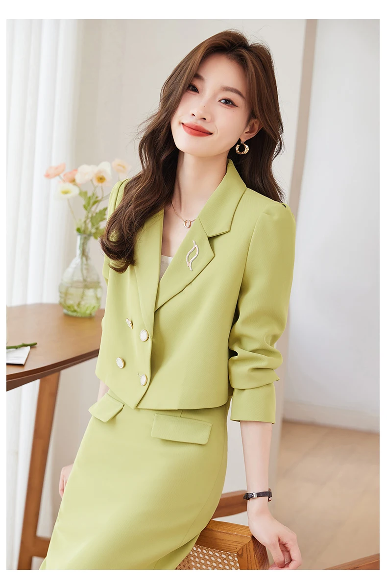 Korea Fashion Solid Elegant Double Breasted Suit Short Jacket + High Waist Slim Midi Skirt Womens Blazer Two Piece Sets Autumn