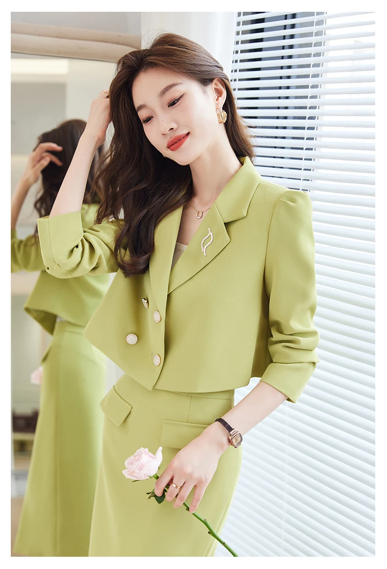 Korea Fashion Solid Elegant Double Breasted Suit Short Jacket + High Waist Slim Midi Skirt Womens Blazer Two Piece Sets Autumn