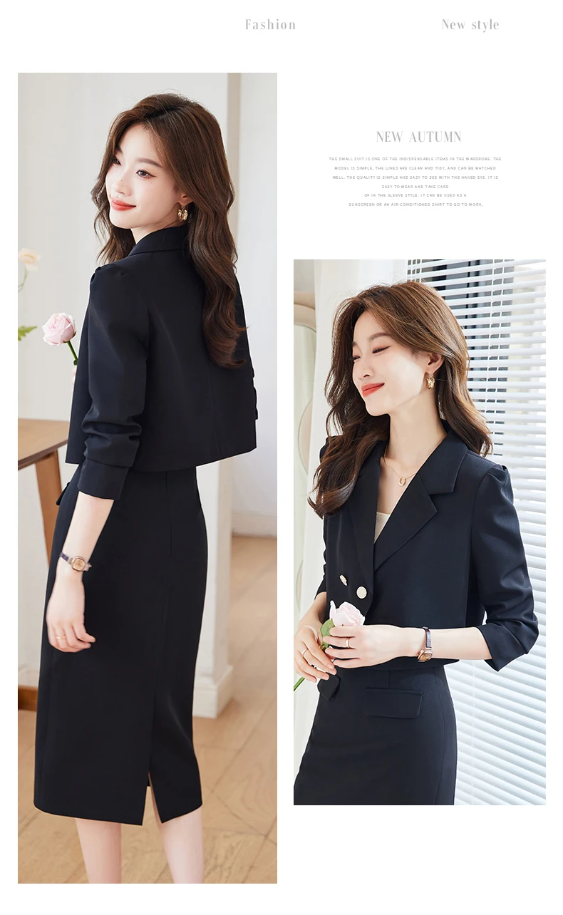 Korea Fashion Solid Elegant Double Breasted Suit Short Jacket + High Waist Slim Midi Skirt Womens Blazer Two Piece Sets Autumn