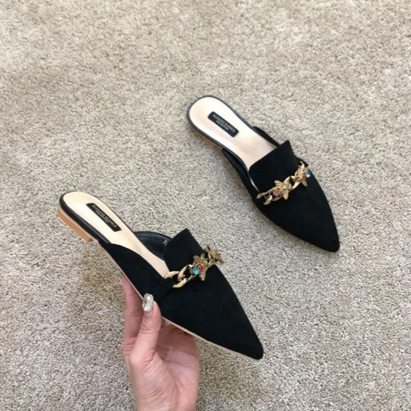 Brand Designer Shoes Woman Embroider Floral Slippers Metal Chains Sandals Ladies Closed Toe Flip Flops Flats Low Heels Slides