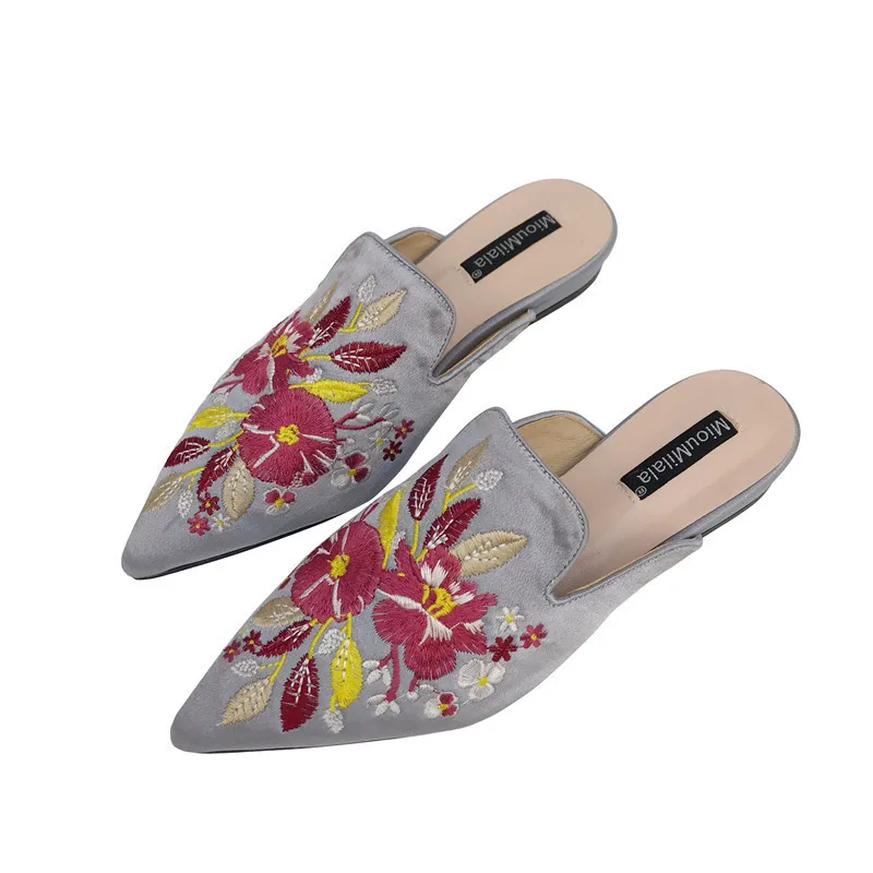 Embroider Floral Mules Women Velvet Embroider Slippers Flower Sandals Shoes Woman Pointed Toe Mules Floral Flipflops Silk Slide