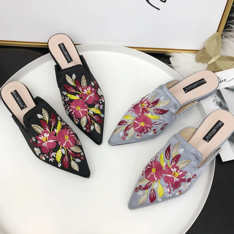 Embroider Floral Mules Women Velvet Embroider Slippers Flower Sandals Shoes Woman Pointed Toe Mules Floral Flipflops Silk Slide