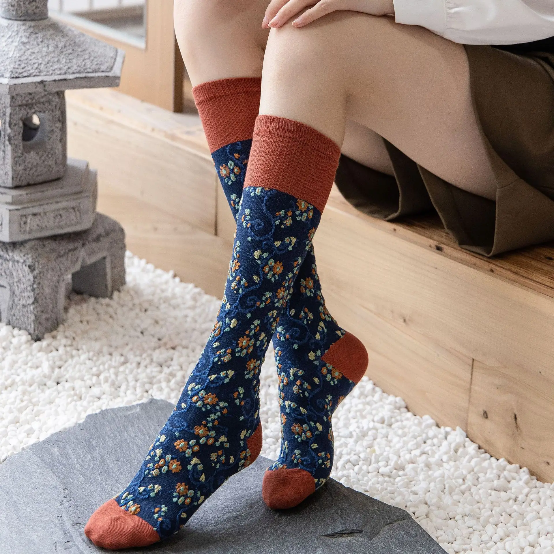 Floral Socks Women's High Tube Knee-length Socks Comfortable Stockings Ins Retro Personality Spring Summer Cotton Socks