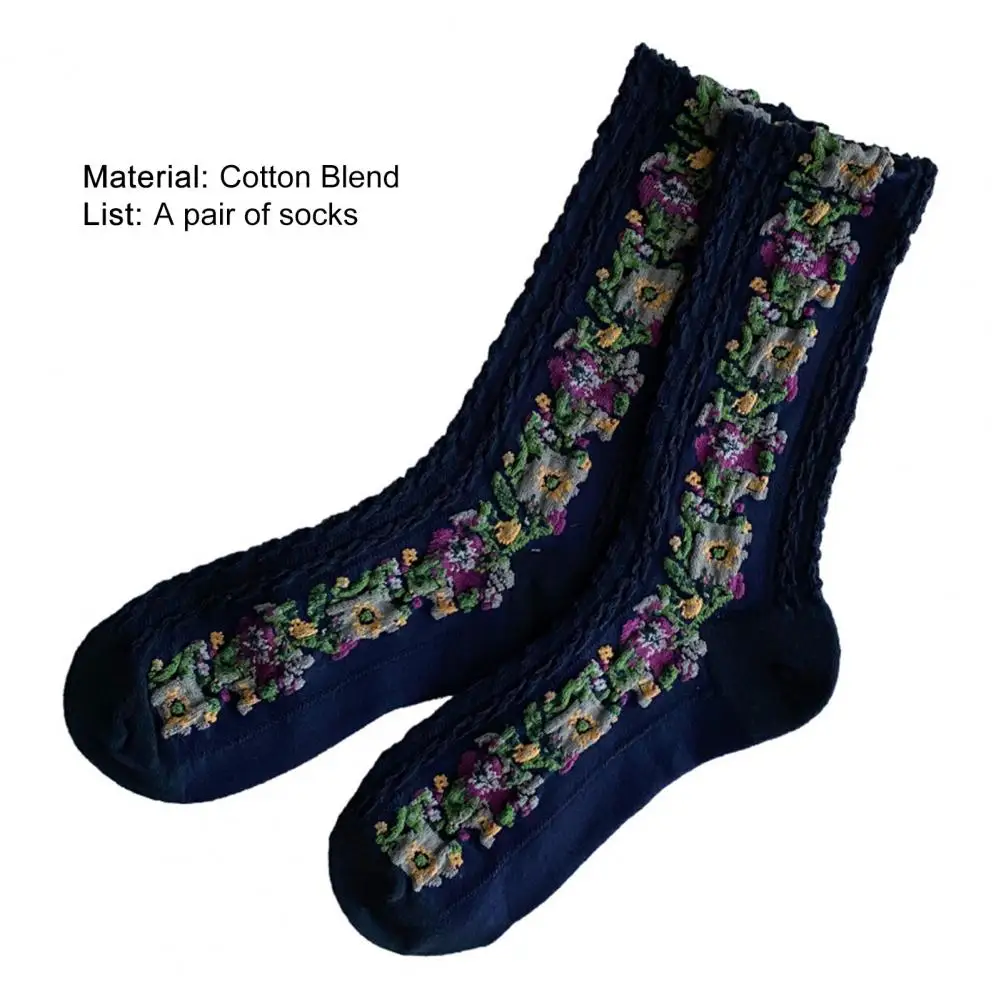 1 Pair Middle Tube Twist Warm Women Socks Flower Pattern Ethnic Print Crew Socks for Autumn Winter Vintage Knitting Socks Female