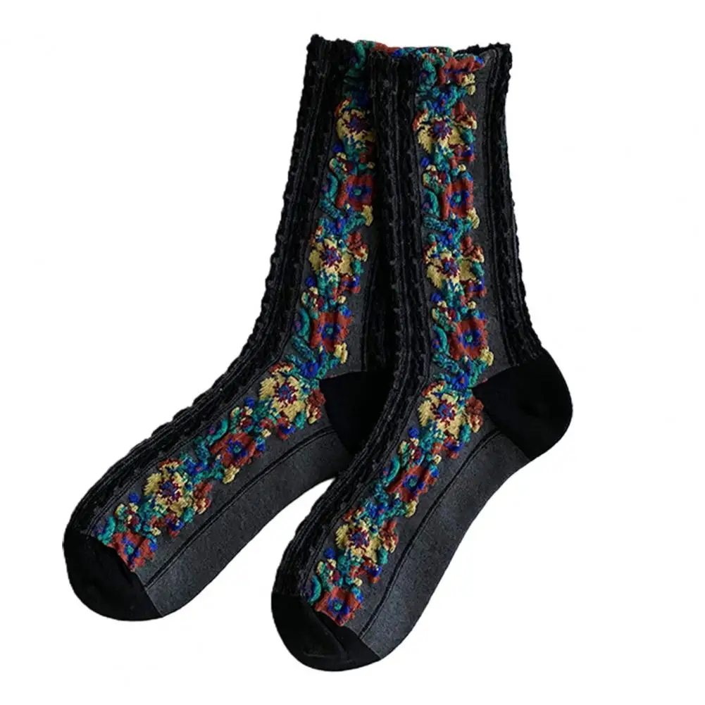 1 Pair Middle Tube Twist Warm Women Socks Flower Pattern Ethnic Print Crew Socks for Autumn Winter Vintage Knitting Socks Female