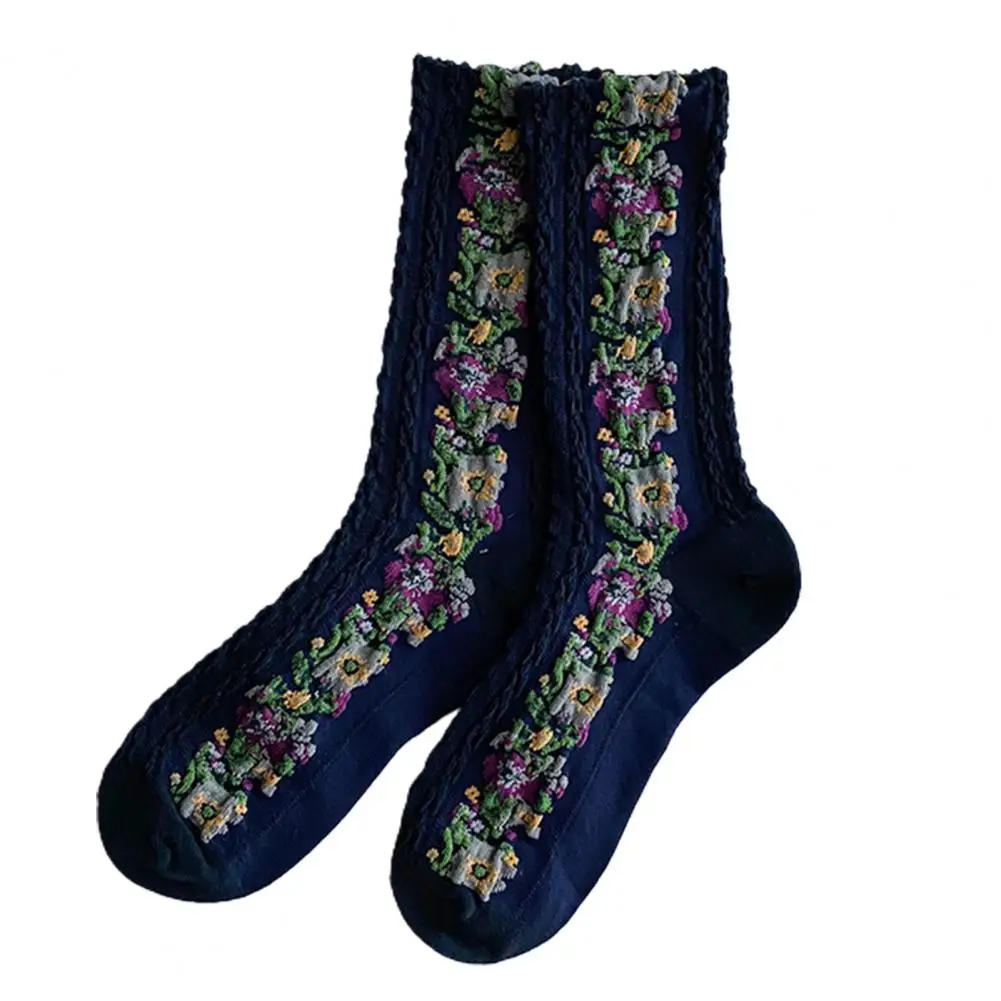 1 Pair Middle Tube Twist Warm Women Socks Flower Pattern Ethnic Print Crew Socks for Autumn Winter Vintage Knitting Socks Female