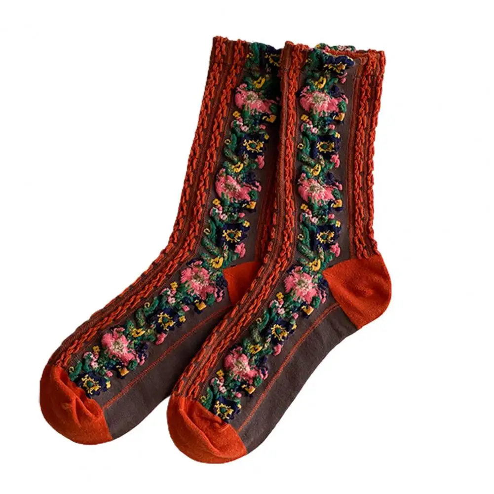 1 Pair Middle Tube Twist Warm Women Socks Flower Pattern Ethnic Print Crew Socks for Autumn Winter Vintage Knitting Socks Female