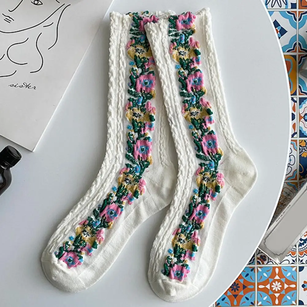 1 Pair Middle Tube Twist Warm Women Socks Flower Pattern Ethnic Print Crew Socks for Autumn Winter Vintage Knitting Socks Female