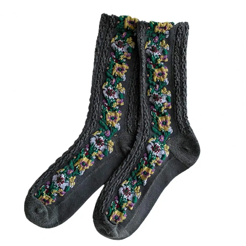 1 Pair Middle Tube Twist Warm Women Socks Flower Pattern Ethnic Print Crew Socks for Autumn Winter Vintage Knitting Socks Female