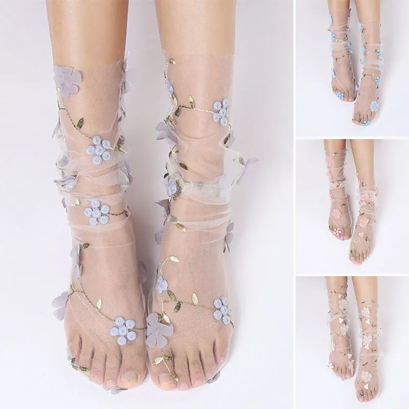 Simple Floral Lace Socks Women Tulle Socks Spring Summer Transparent Thin Mesh Socks Chiffon Lace Up Socks Fashion
