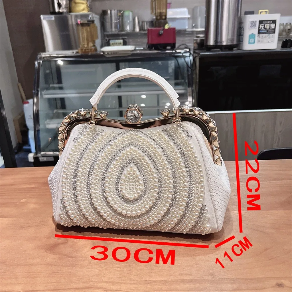 Genuine Leather Women's Handbag 2024 New Fashion Lady Diamond Rhinestone Clip Bag Casual Pearl Shoulder Messenger Bags