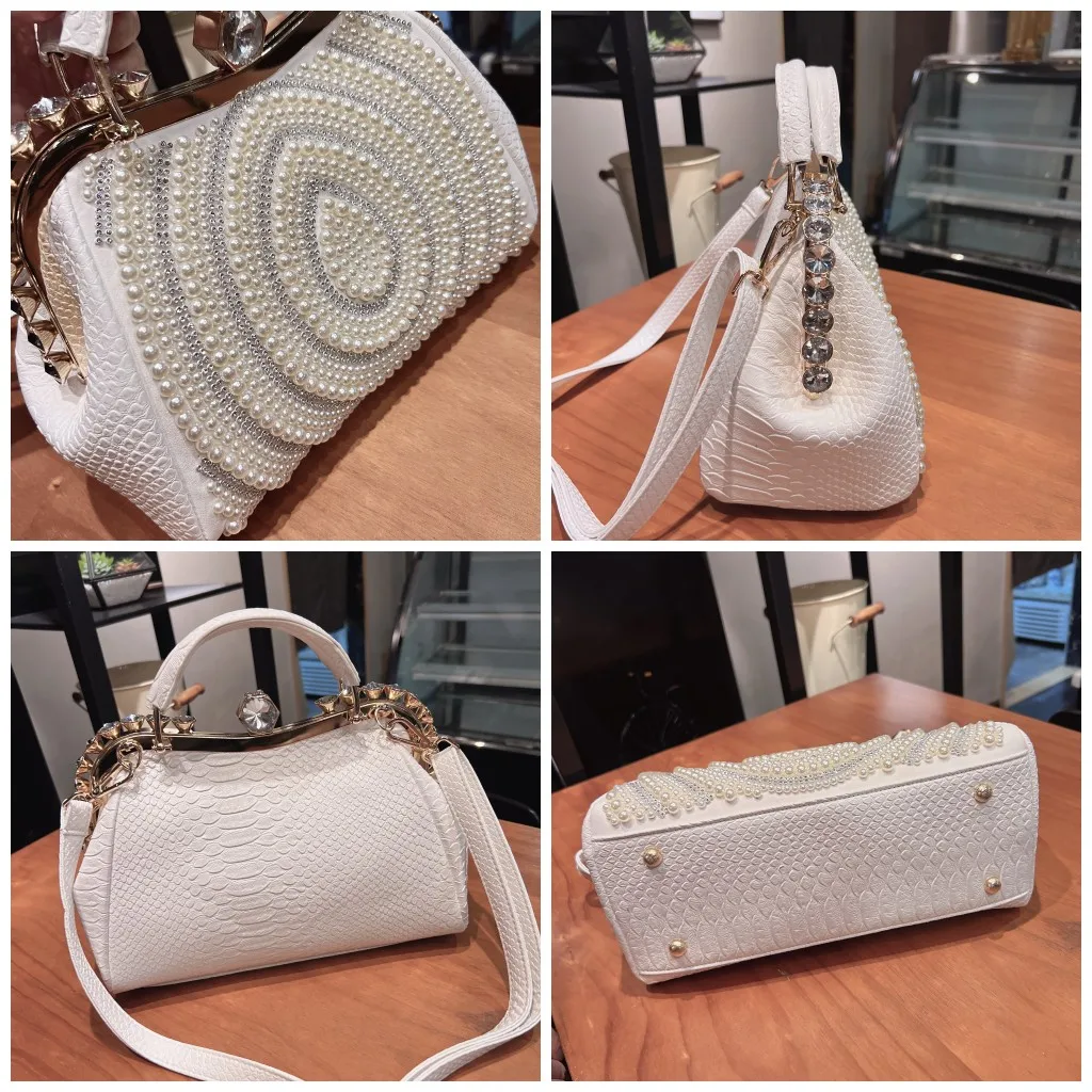 Genuine Leather Women's Handbag 2024 New Fashion Lady Diamond Rhinestone Clip Bag Casual Pearl Shoulder Messenger Bags
