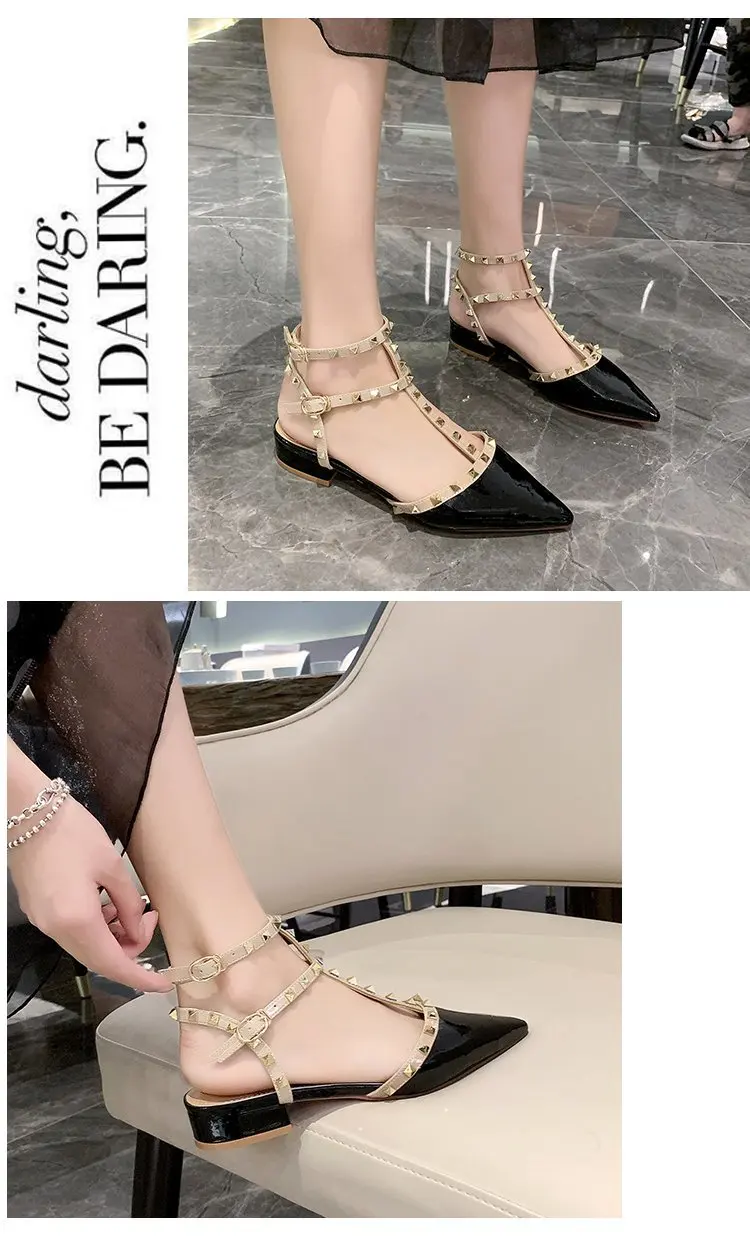 2024 Studded Low Heel Ladies Square Heel Pointed Toe Shoes Women's New Sexy Ladies Shoes Sandals Zapatos Transparentes De Mujer