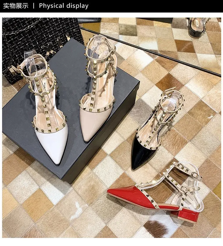 2024 Studded Low Heel Ladies Square Heel Pointed Toe Shoes Women's New Sexy Ladies Shoes Sandals Zapatos Transparentes De Mujer