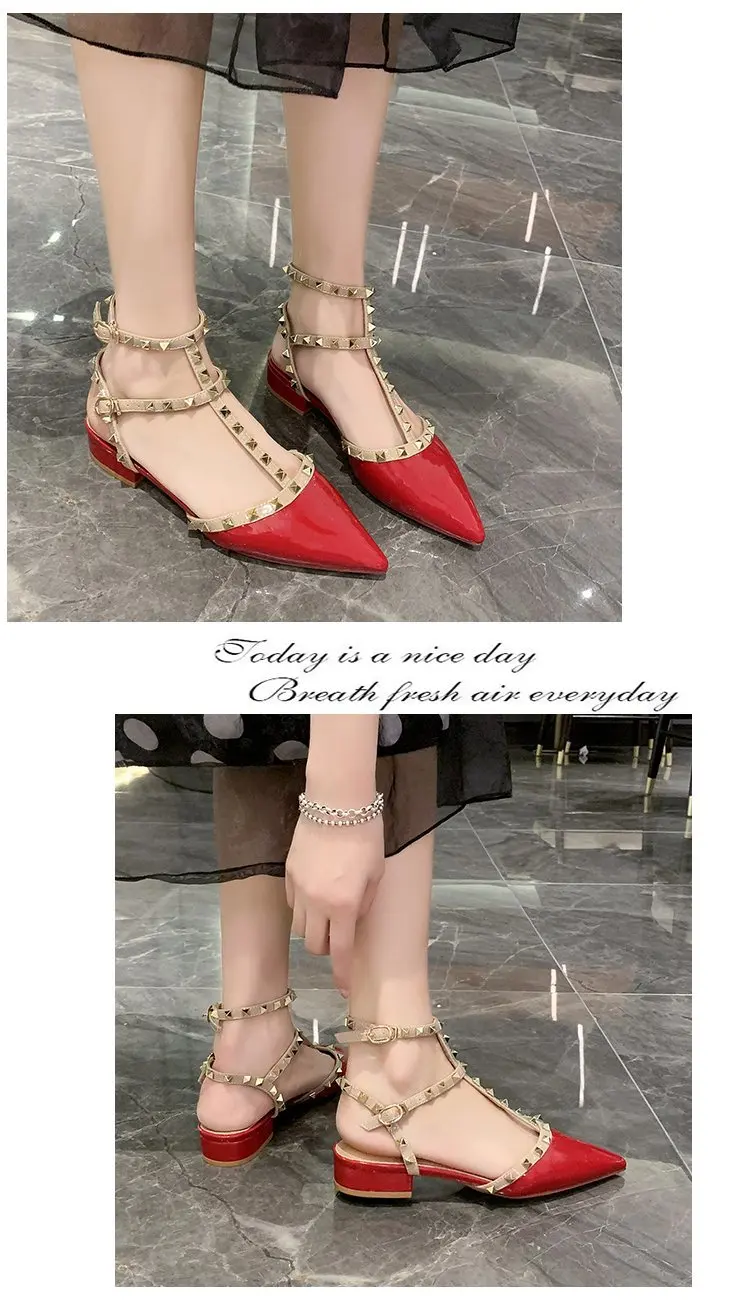 2024 Studded Low Heel Ladies Square Heel Pointed Toe Shoes Women's New Sexy Ladies Shoes Sandals Zapatos Transparentes De Mujer