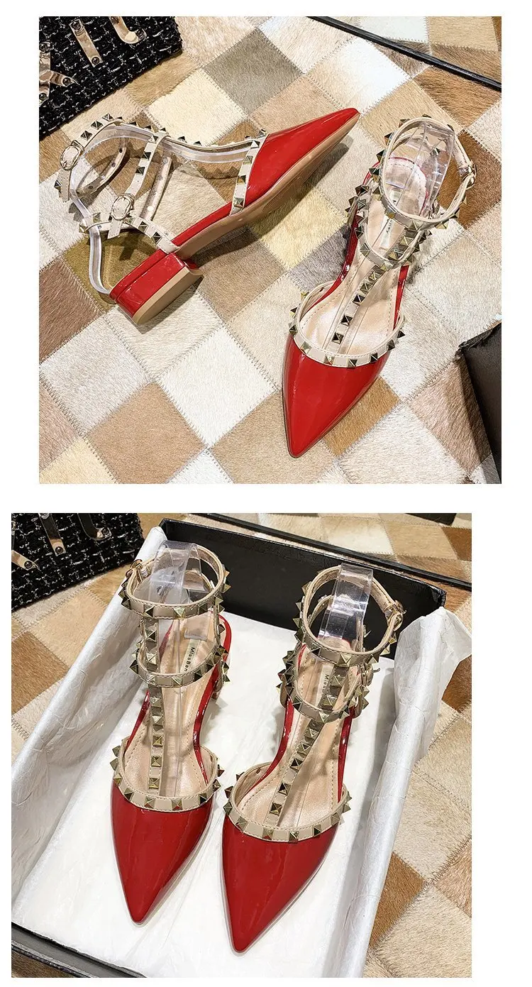 2024 Studded Low Heel Ladies Square Heel Pointed Toe Shoes Women's New Sexy Ladies Shoes Sandals Zapatos Transparentes De Mujer