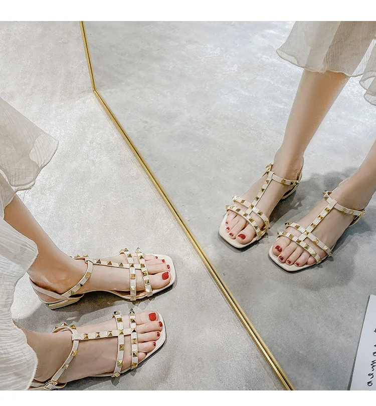 Summer low heel women rivets sandals thin ribbon fashion Korean design girls shoes large size wear slippers free delivery