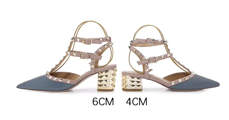 Women  Electroplated Gold Ankle Straps Sandals Pointy Toe Shiny Leather Buckles Pumps With Studded Chassics Luxury Chaussure 42