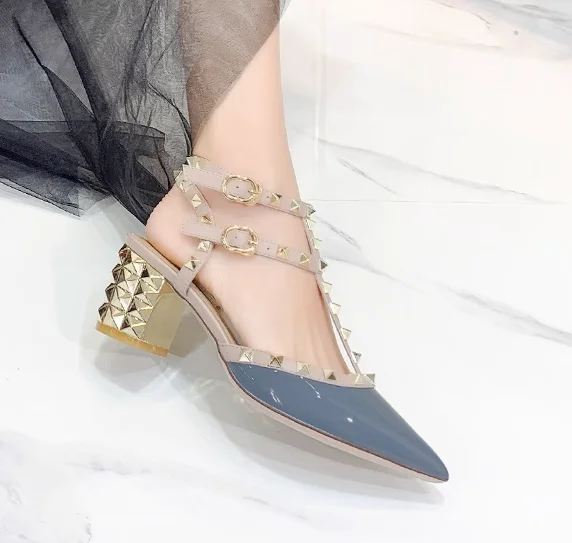 Women  Electroplated Gold Ankle Straps Sandals Pointy Toe Shiny Leather Buckles Pumps With Studded Chassics Luxury Chaussure 42