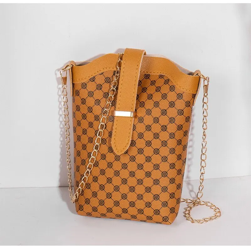 New Fashion Plaid Polka Dot Print Single Shoulder Bag Casual Oblique Chain Crossbody Mini Small Bucket Bag