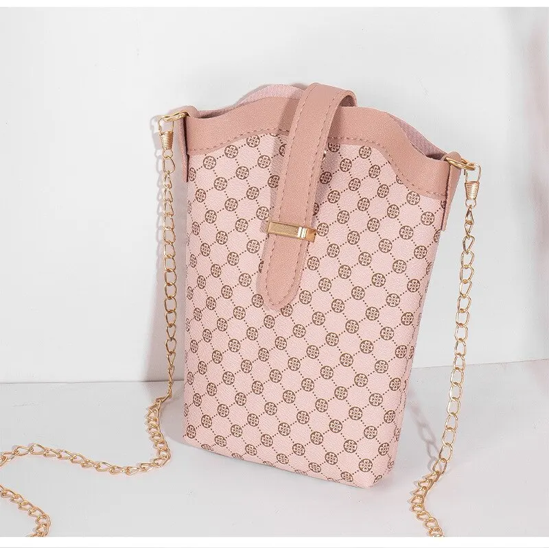 New Fashion Plaid Polka Dot Print Single Shoulder Bag Casual Oblique Chain Crossbody Mini Small Bucket Bag