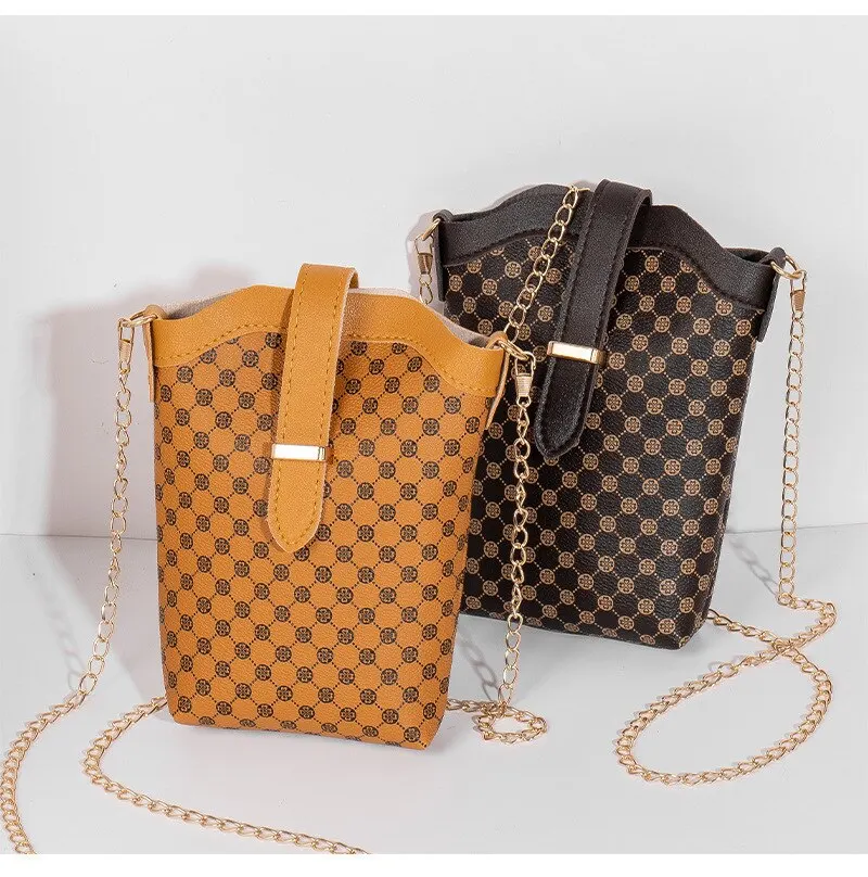 New Fashion Plaid Polka Dot Print Single Shoulder Bag Casual Oblique Chain Crossbody Mini Small Bucket Bag