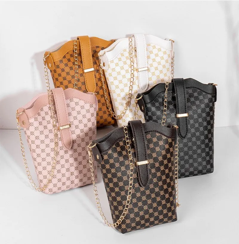 New Fashion Plaid Polka Dot Print Single Shoulder Bag Casual Oblique Chain Crossbody Mini Small Bucket Bag