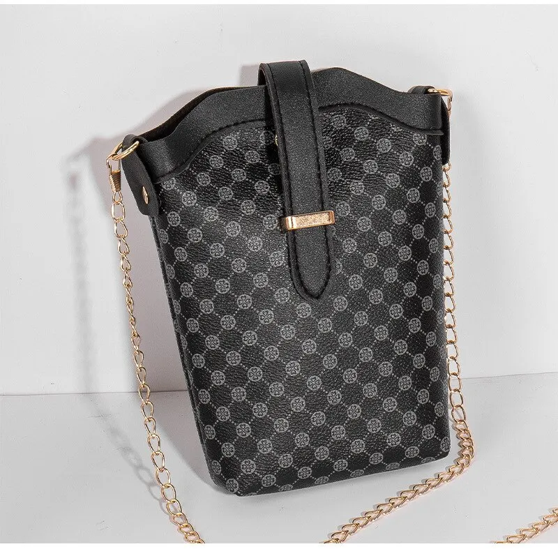 New Fashion Plaid Polka Dot Print Single Shoulder Bag Casual Oblique Chain Crossbody Mini Small Bucket Bag