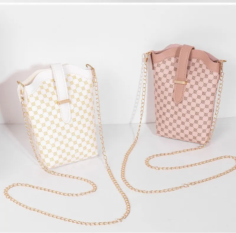 New Fashion Plaid Polka Dot Print Single Shoulder Bag Casual Oblique Chain Crossbody Mini Small Bucket Bag