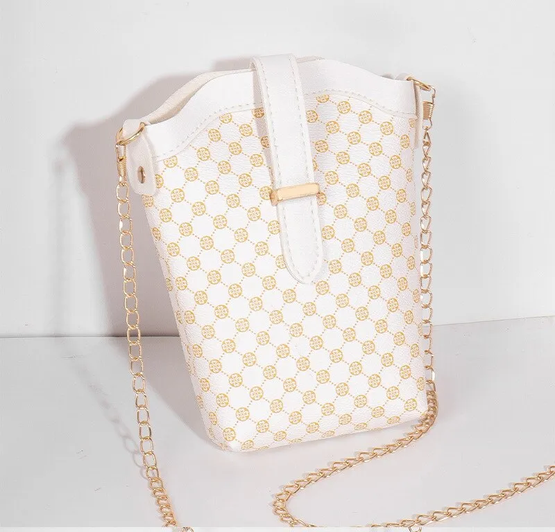 New Fashion Plaid Polka Dot Print Single Shoulder Bag Casual Oblique Chain Crossbody Mini Small Bucket Bag