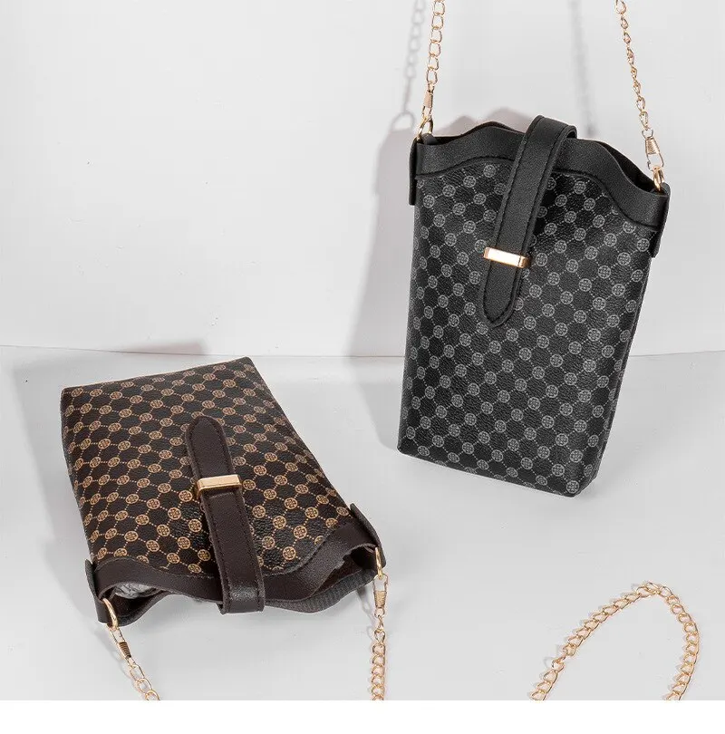 New Fashion Plaid Polka Dot Print Single Shoulder Bag Casual Oblique Chain Crossbody Mini Small Bucket Bag